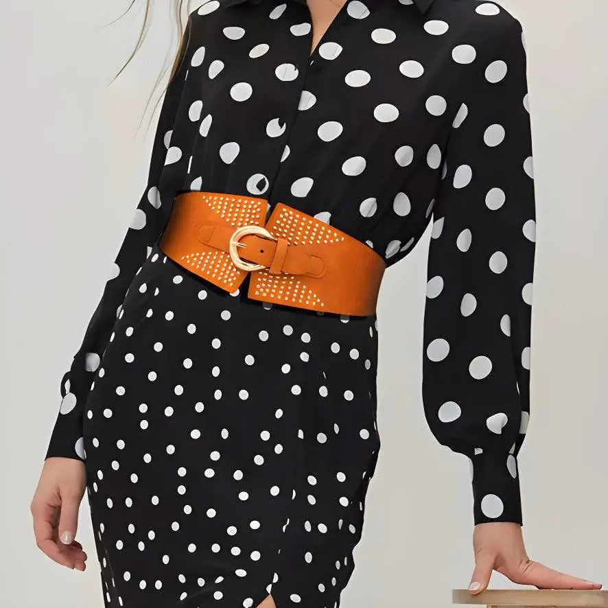 Brown leather studded waist belt from Susanna Belt for red patterned dresses