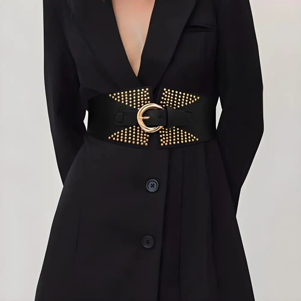 Black dress with a studded belt featuring the Susanna Belt from Red Patterned Dress collection