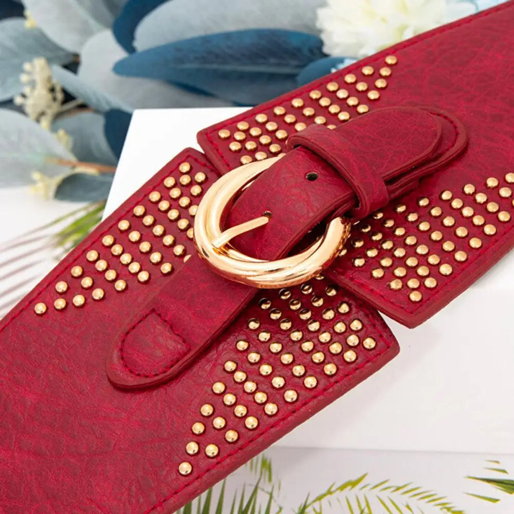 Susanna Belt Red Patterned Dress and Studded Waist Belts featuring a red studded belt with gold buckle