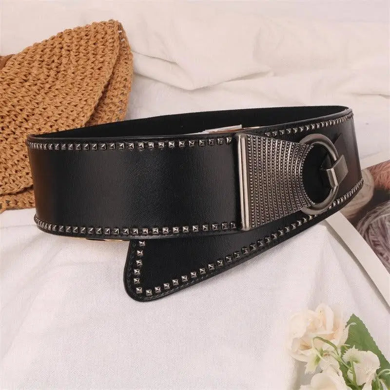 Christina Belt with Studded Leather Design and Metal Buckle on black leather