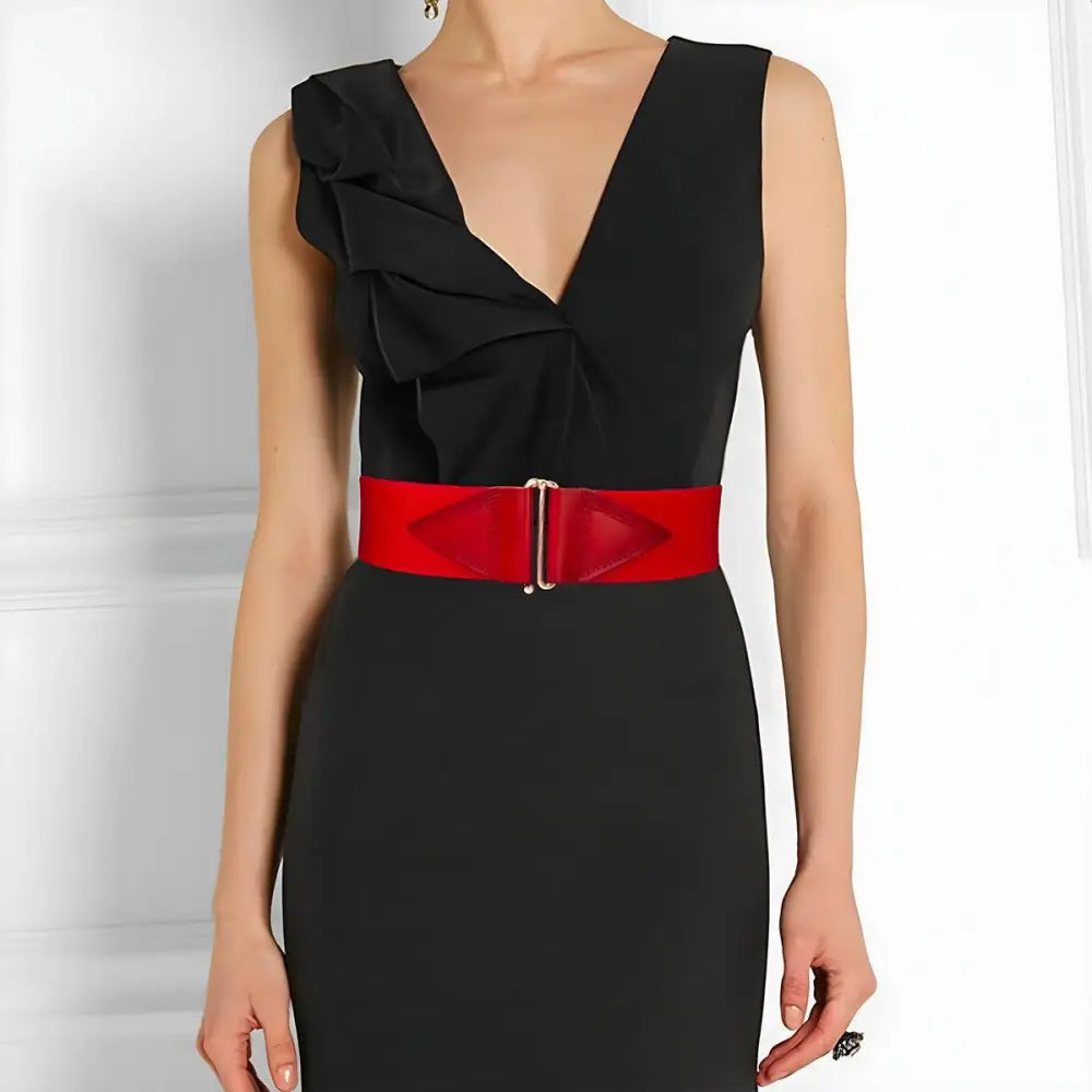 Sleeveless black dress with red belt and Cassandra belt accent for elegant style