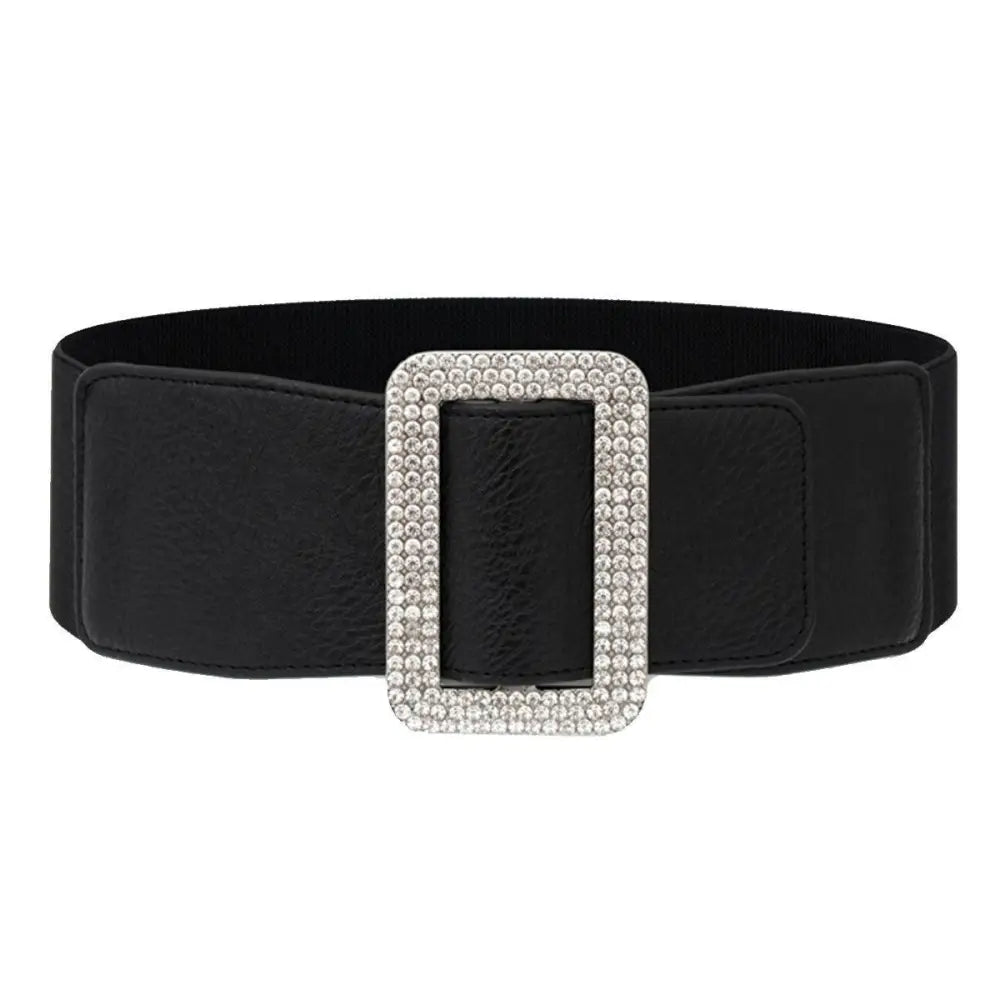Black elastic belt with rhinestone buckle from the Eloisa Belt collection for Satin Black Dress