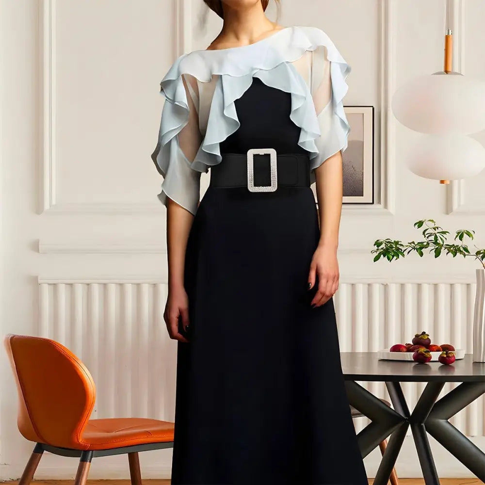 Elegant Satin Black Dress with Puff Sleeves and Eloisa Belt featuring ruffled cape