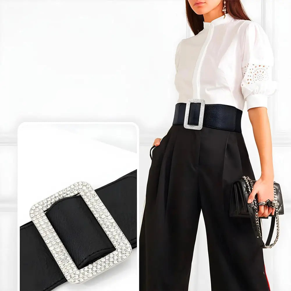 Wide black belt with rhinestone buckle from Eloisa Belt accessory for Satin Black Dress