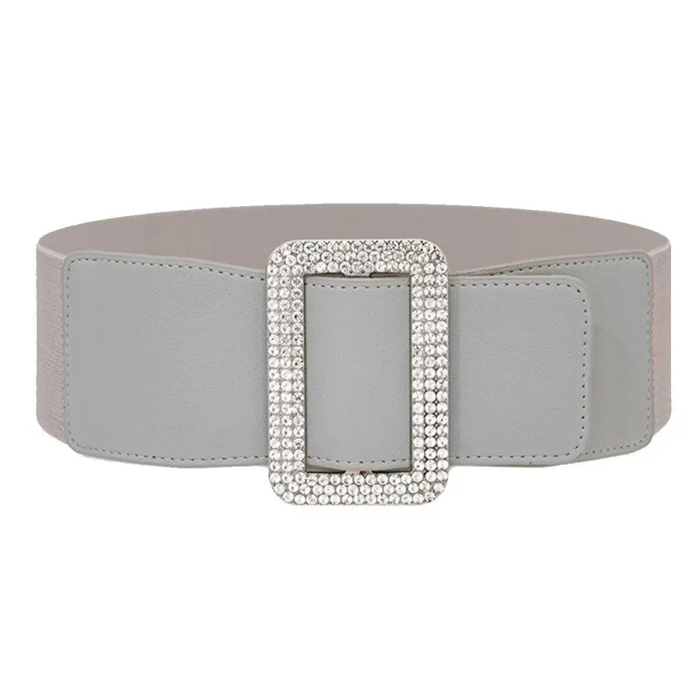 Gray elastic belt with rhinestone buckle featured in Satin Black Dress with Puff Sleeves and Eloisa Belt