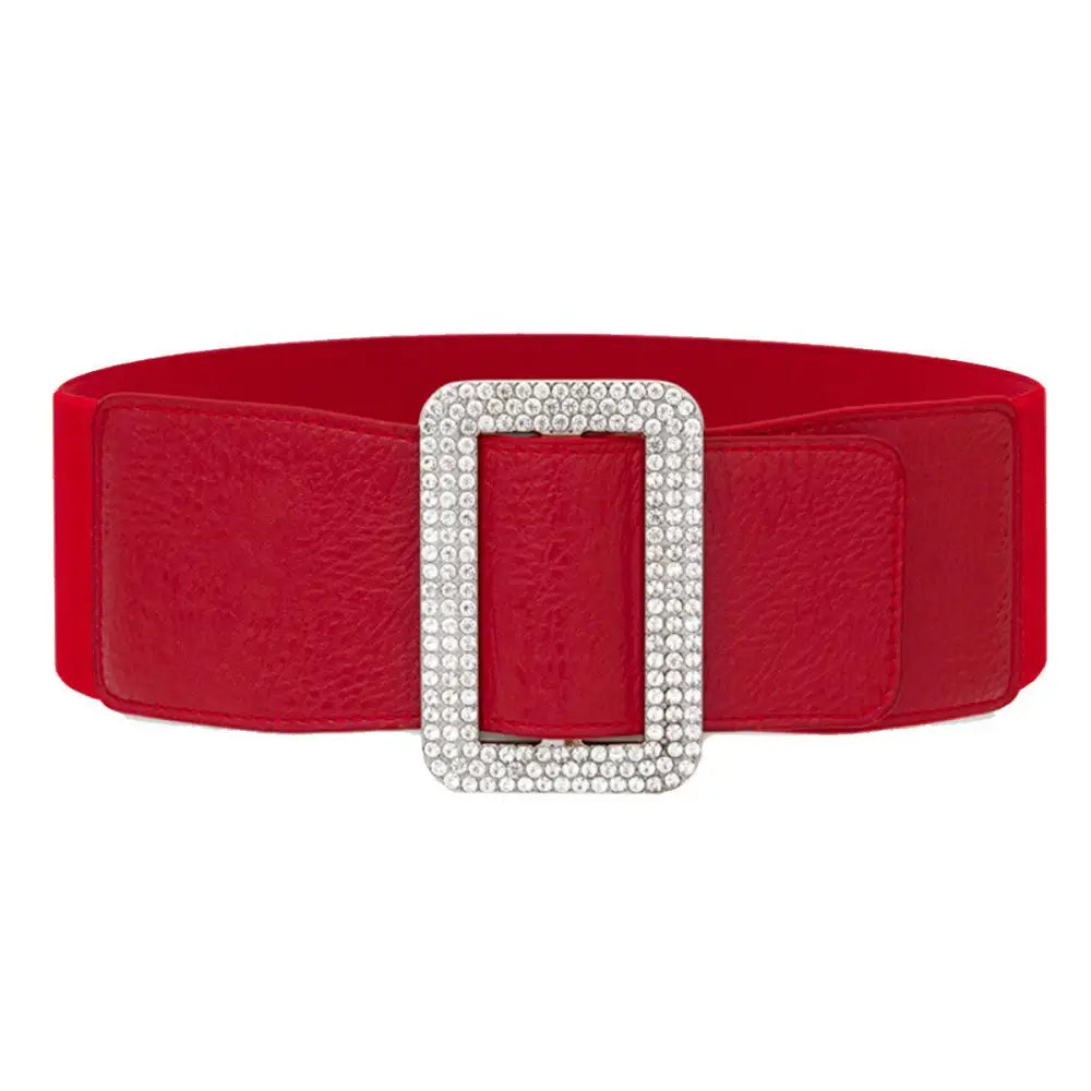 Red elastic belt with rhinestone buckle from Eloisa Belt collection for Satin Black Dress