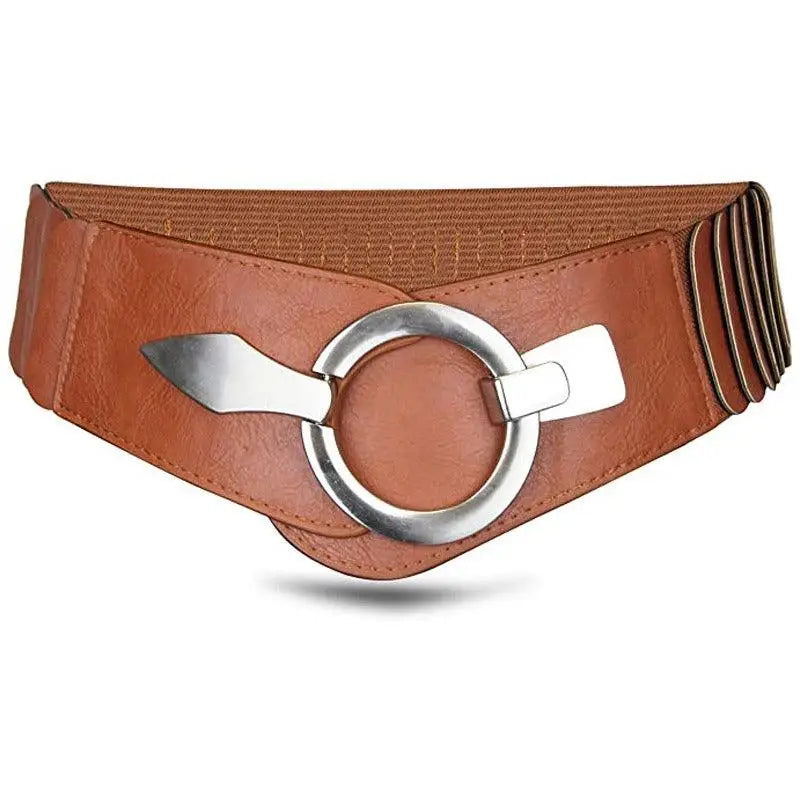 Brown elastic waist belt with silver buckle from Elastic Belts with Silver Buckle collection