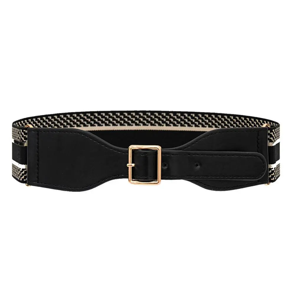 Black and white elastic waist belt with gold buckle, featuring Osanna belt design