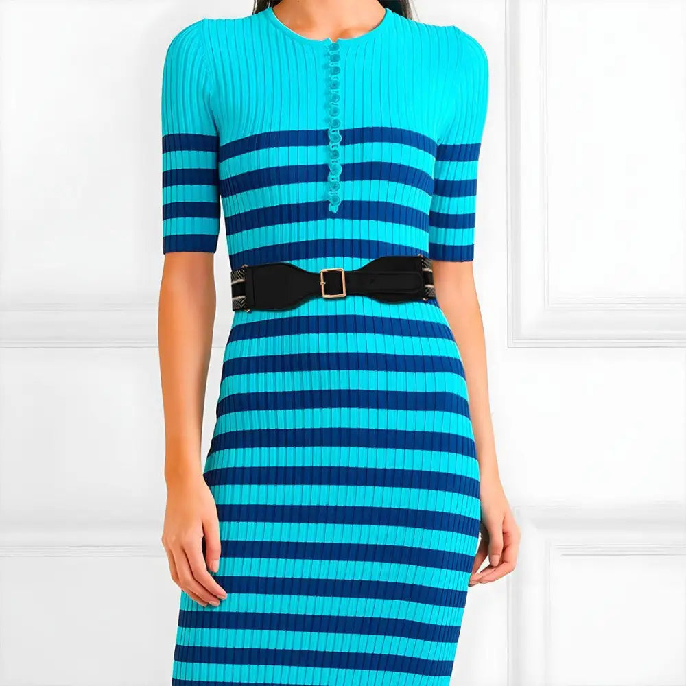Striped turquoise and navy dress with Osanna belt and black waist belt for women