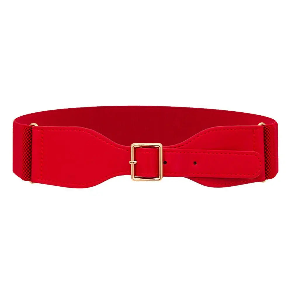 Red elastic belt with gold buckle featured in Green Dress with Osanna Belt and Black Waist Belt