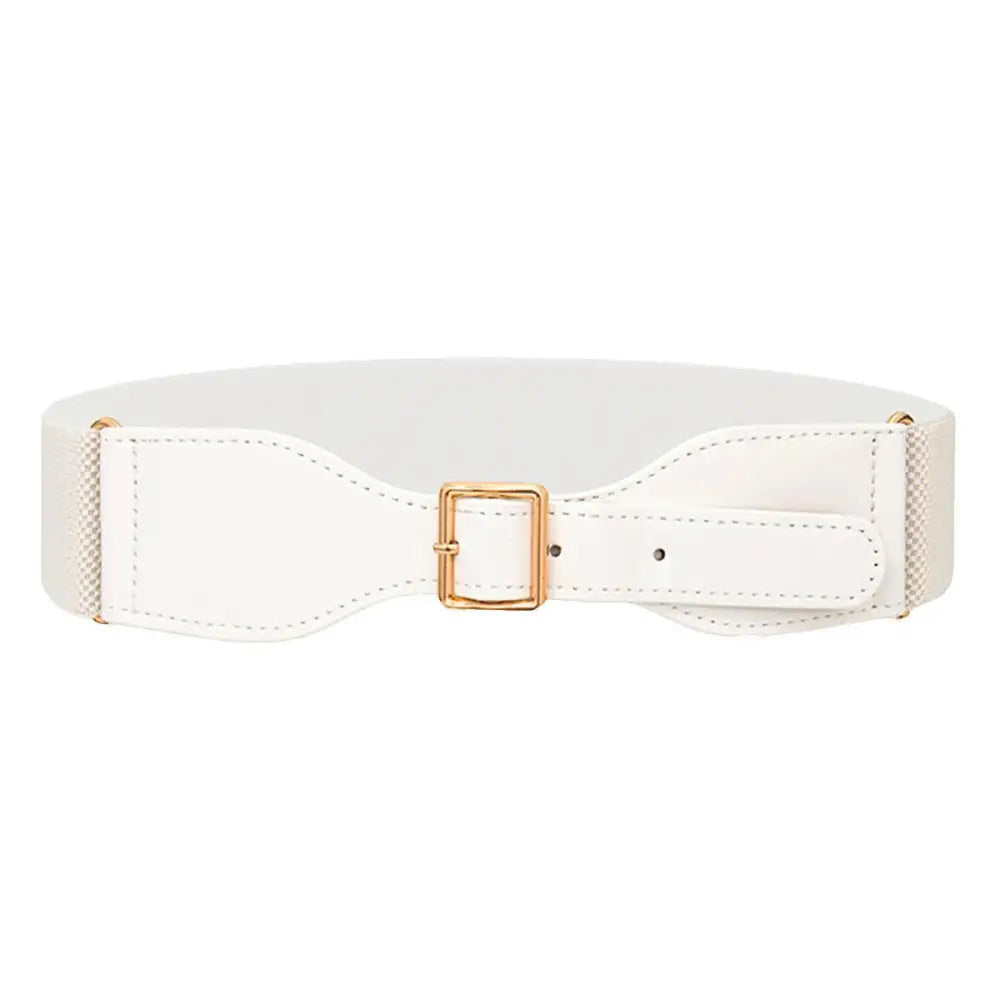 White elastic waist belt with gold buckle from Osanna Belt collection for Green Dress