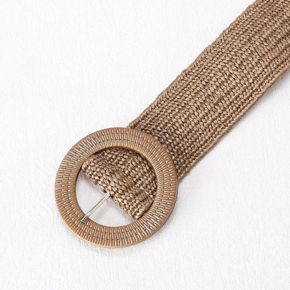 Woven brown Magdalini synthetic raffia belt with circular buckle for stylish outfit