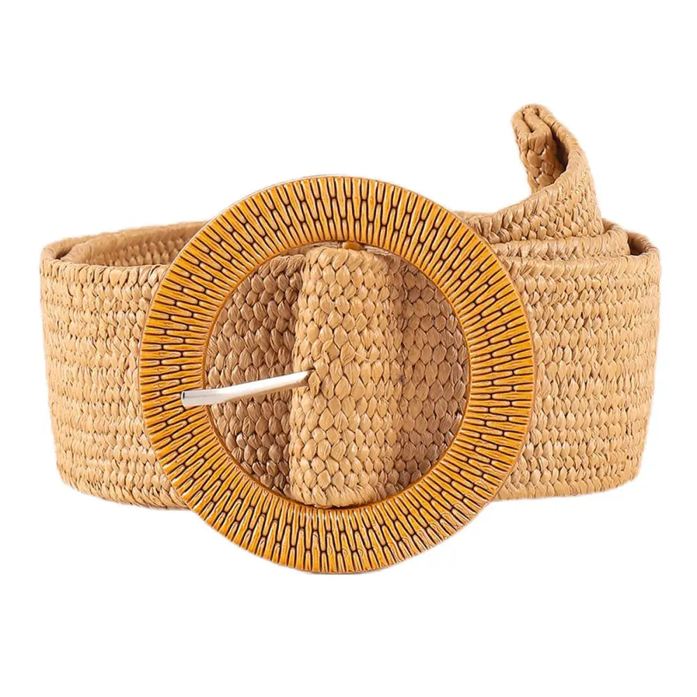 Woven straw magdalini belt with circular buckle for floral one-shoulder top and white shorts