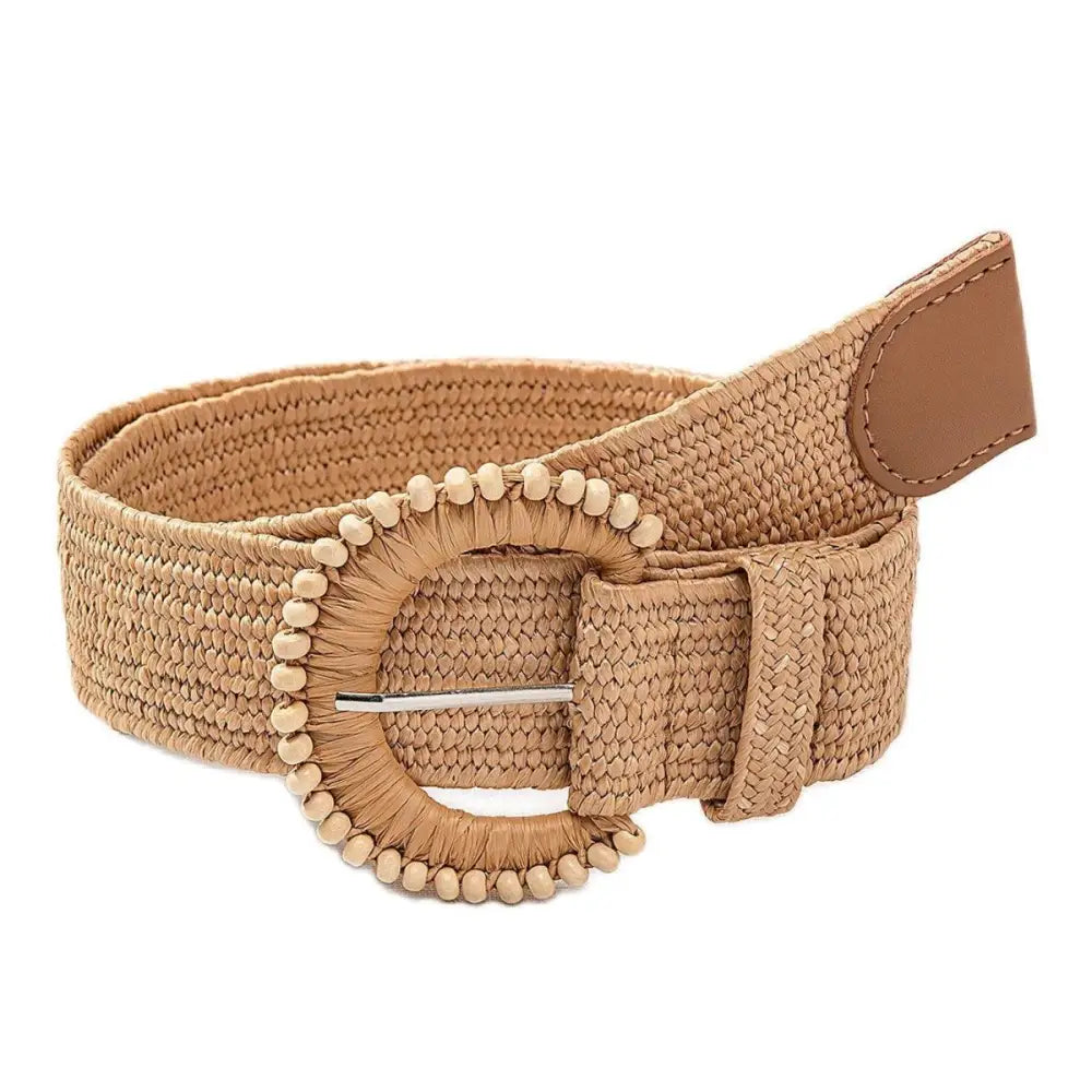 Woven straw melcia belt with elegant beaded buckle for stylish accessories