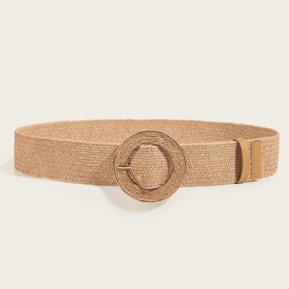 Woven Tan Straw Raffia Belt with Circular Buckle displayed in a product image