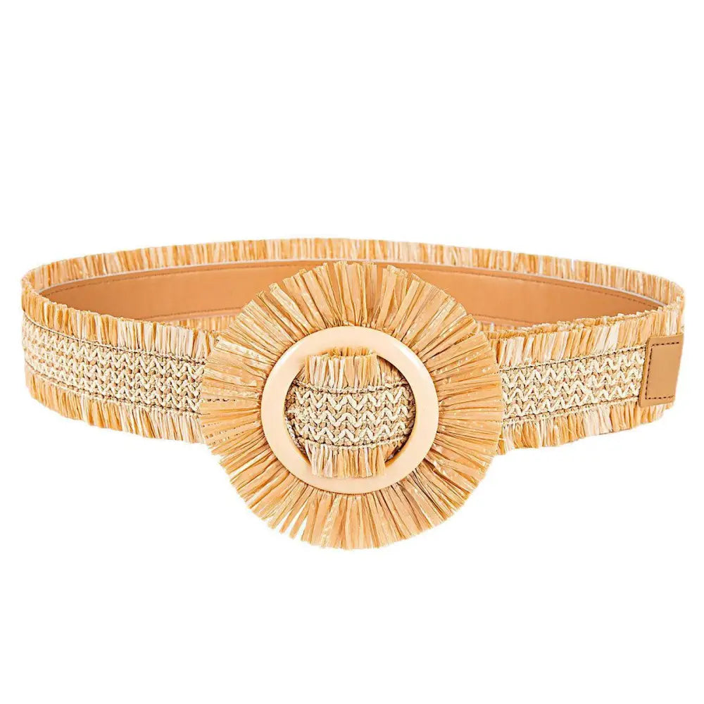 Woven Raffia Straw Belt with Circular Buckle and Fringe Detailing for stylish accessory