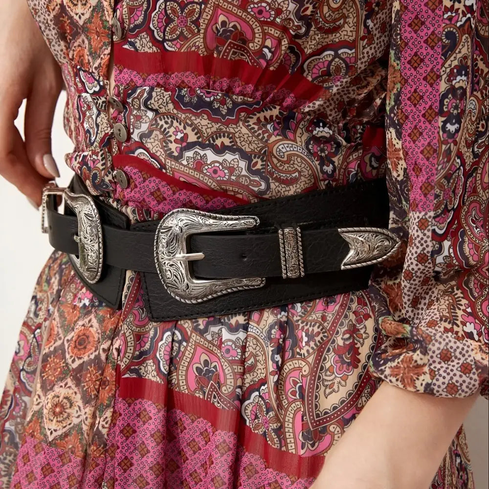 Loretta black belt with silver buckles accessory for Bohemian Maxi Dress