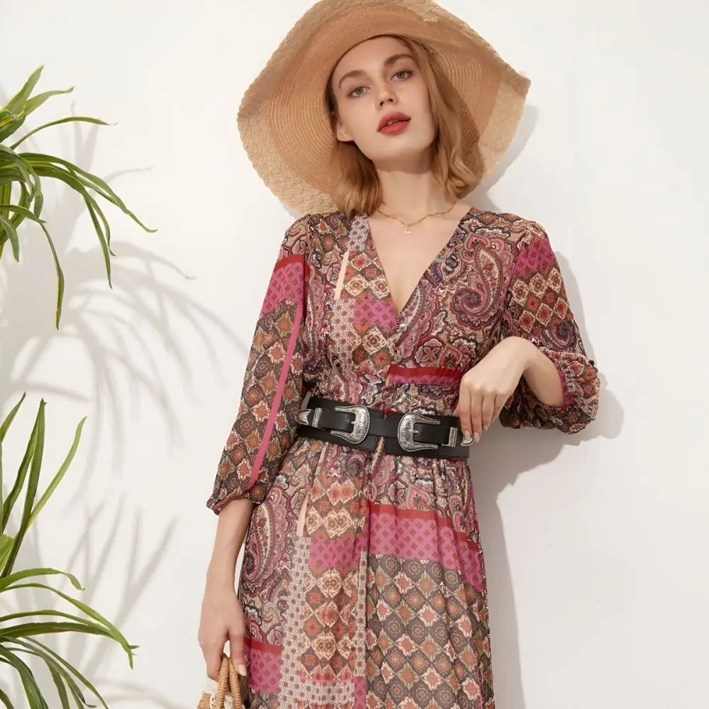Bohemian print maxi dress featuring Loretta Black Belt with Silver Buckles
