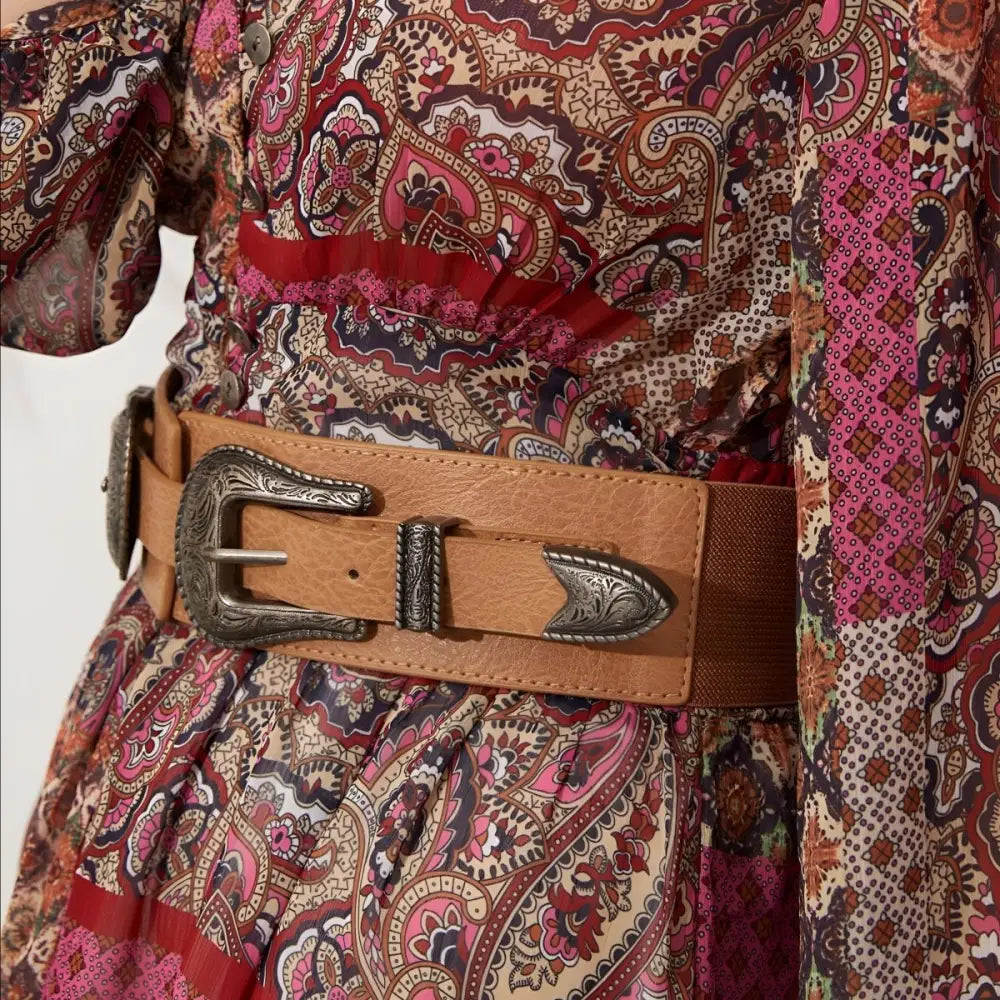 Bohemian Maxi Dress featuring Loretta Belt with Tan Leather and Silver Buckles