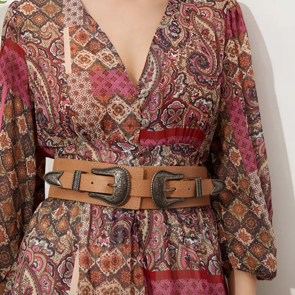 Patterned Bohemian Maxi Dress featuring Loretta Belt with Silver Buckles