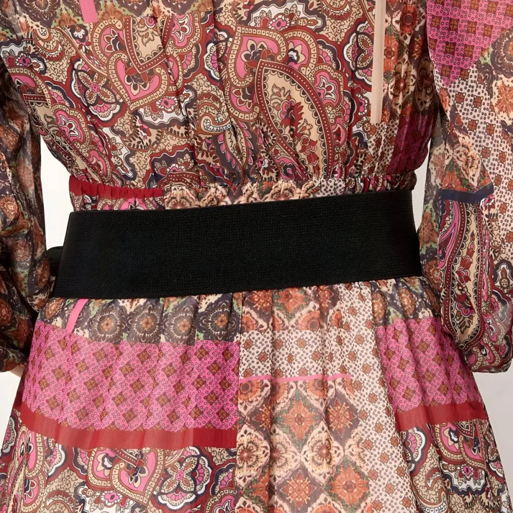 Bohemian Maxi Dress featuring a patterned design with Loretta Black Belt and silver buckles