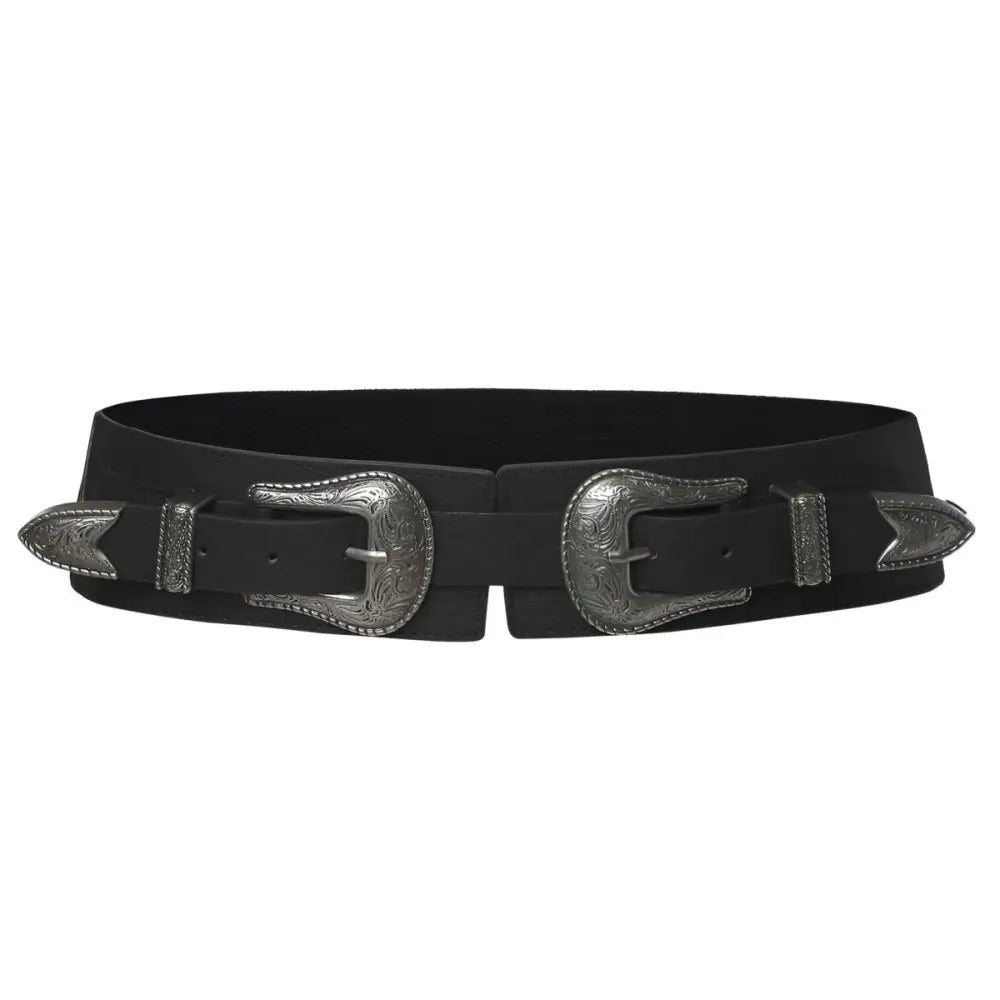 Black double-buckle Western belt from the Loretta belt collection for Bohemian Maxi Dress