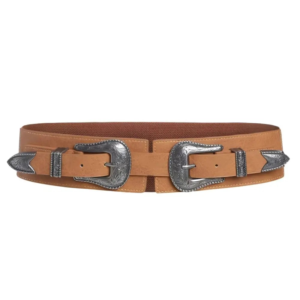 Tan double-buckle western Loretta belt displayed with Bohemian Maxi Dress