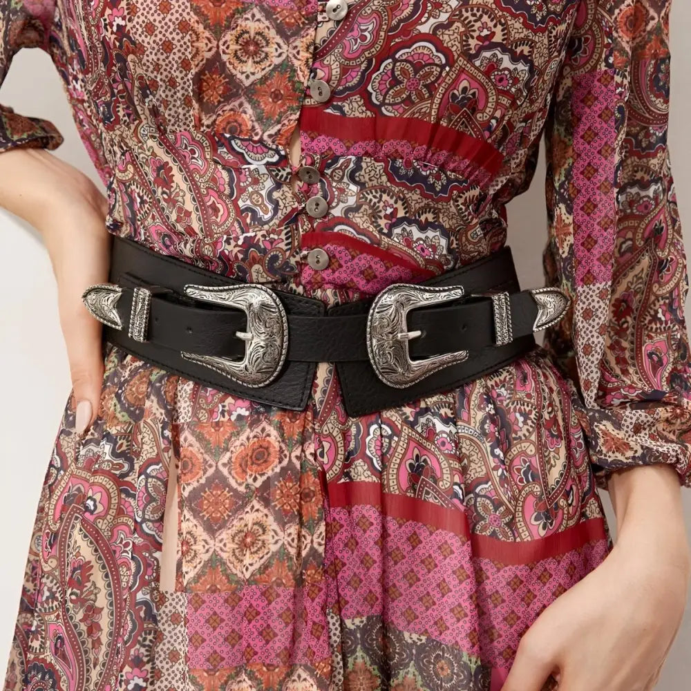 Loretta belt with ornate silver buckles featured with Bohemian Maxi Dress