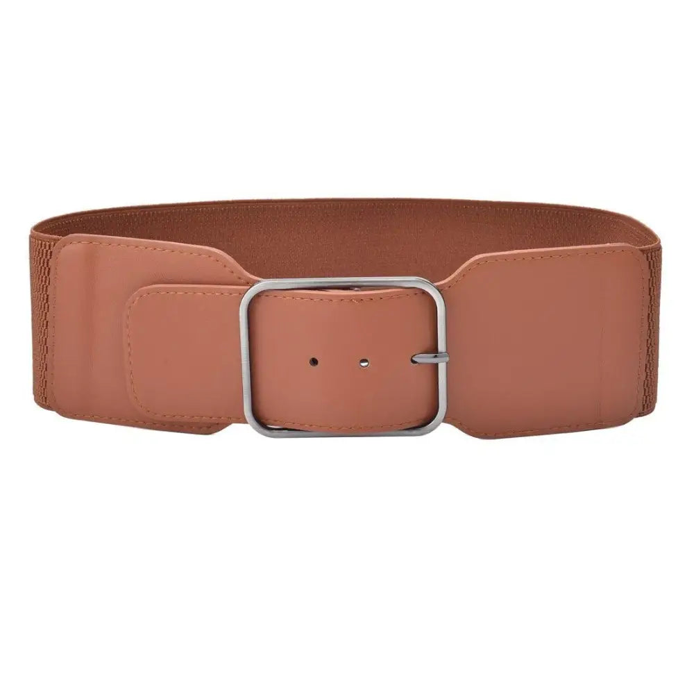 Clara Belt wide elastic waist belt with silver buckle in beige for stylish fashion