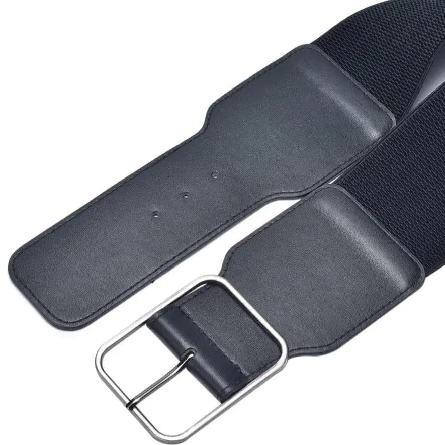 Clara Belt Wide Elastic Waist Belt with Leather Accents and Gold Buckle in Beige