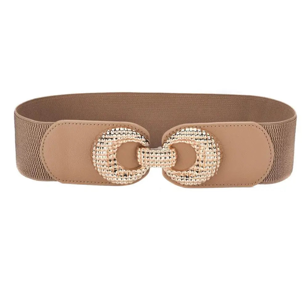 Tan elastic belt with decorative gold buckle for Pink Shirt Dress with Cream Belt and Gold Buckle