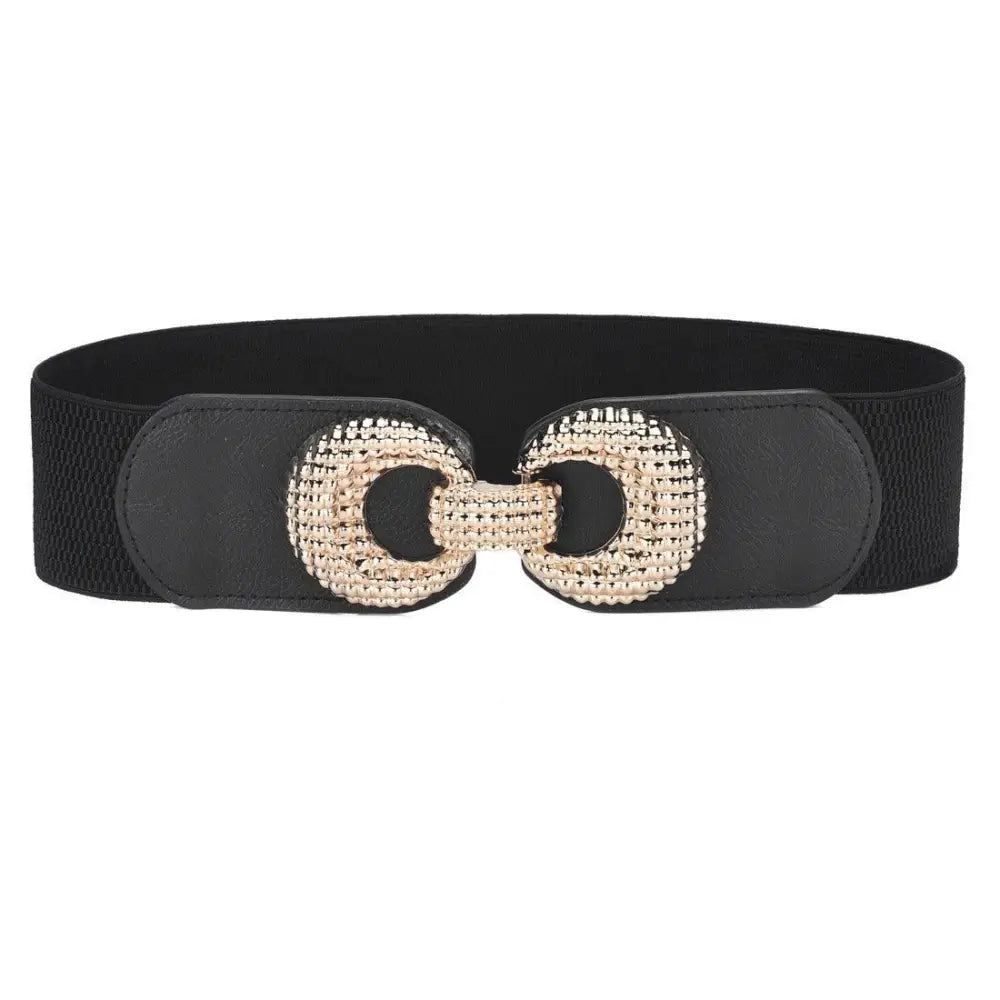 Black elastic belt with decorative gold buckle for Pink Shirt Dress with Cream Belt and Gold Buckle