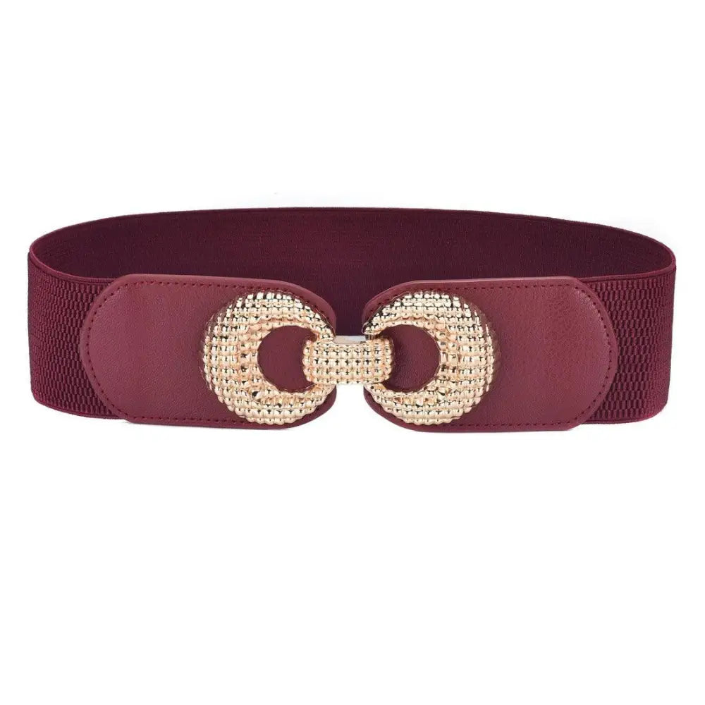 Maroon elastic belt with gold buckle featured with Pink Shirt Dress with Cream Belt and Gold Buckle