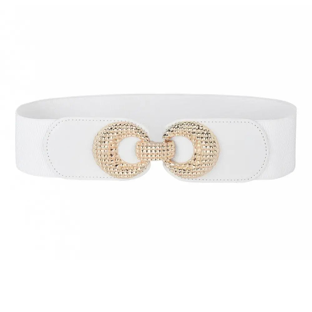 White elastic belt with gold buckle featured with Pink Shirt Dress with Cream Belt and Gold Buckle