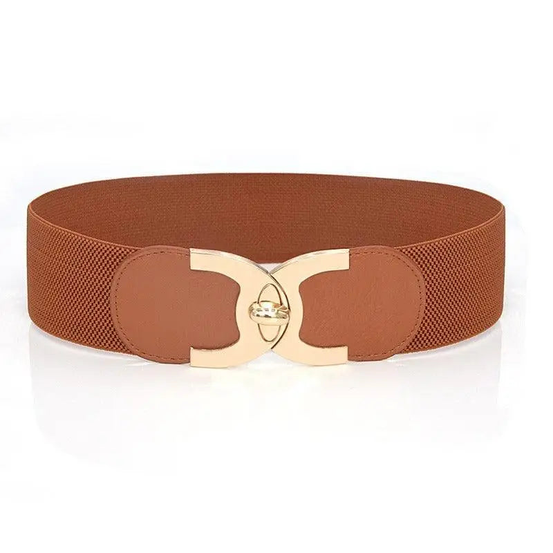 Brown elastic waist belt with a gold decorative buckle for Women