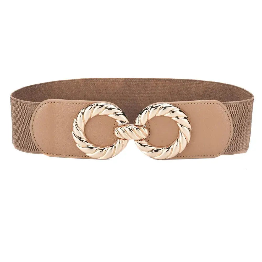 Tan elastic belt with gold interlocking circles and double-ring buckle for women