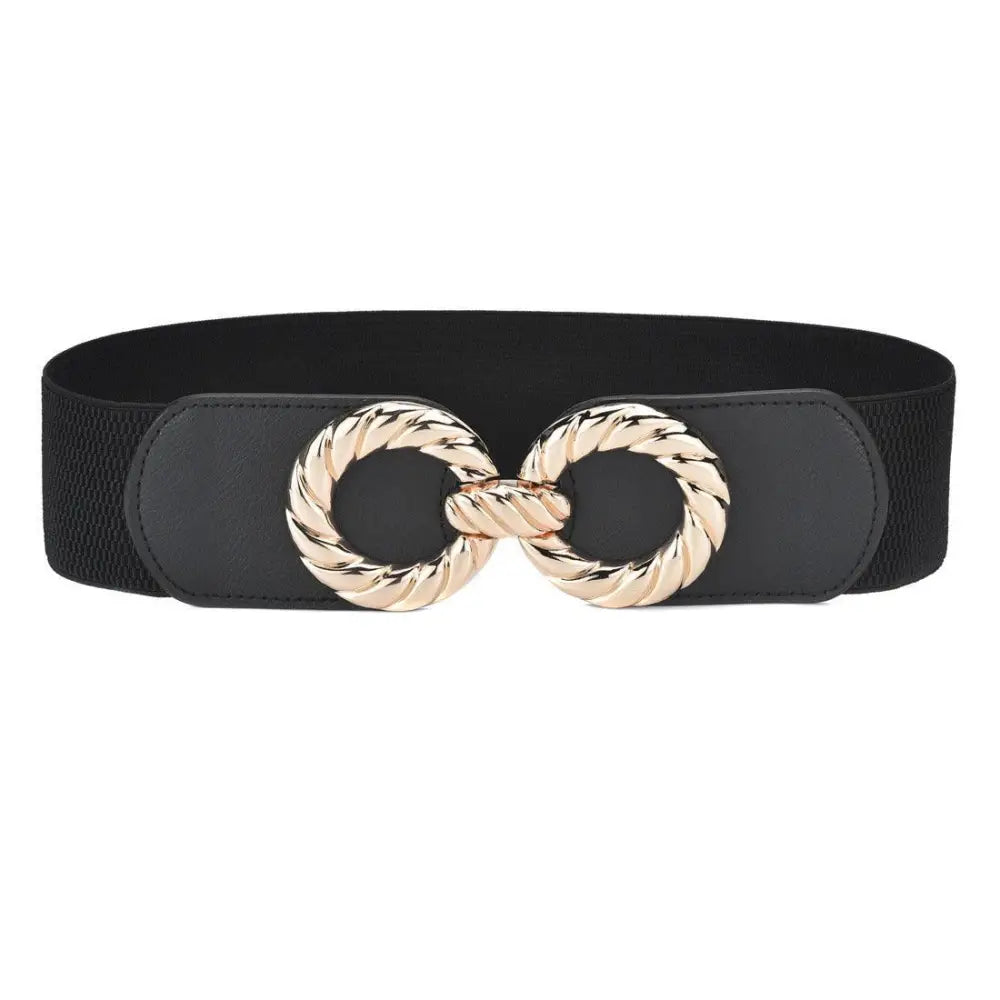 Black elastic belt with a gold double-ring buckle for women fashion accessory