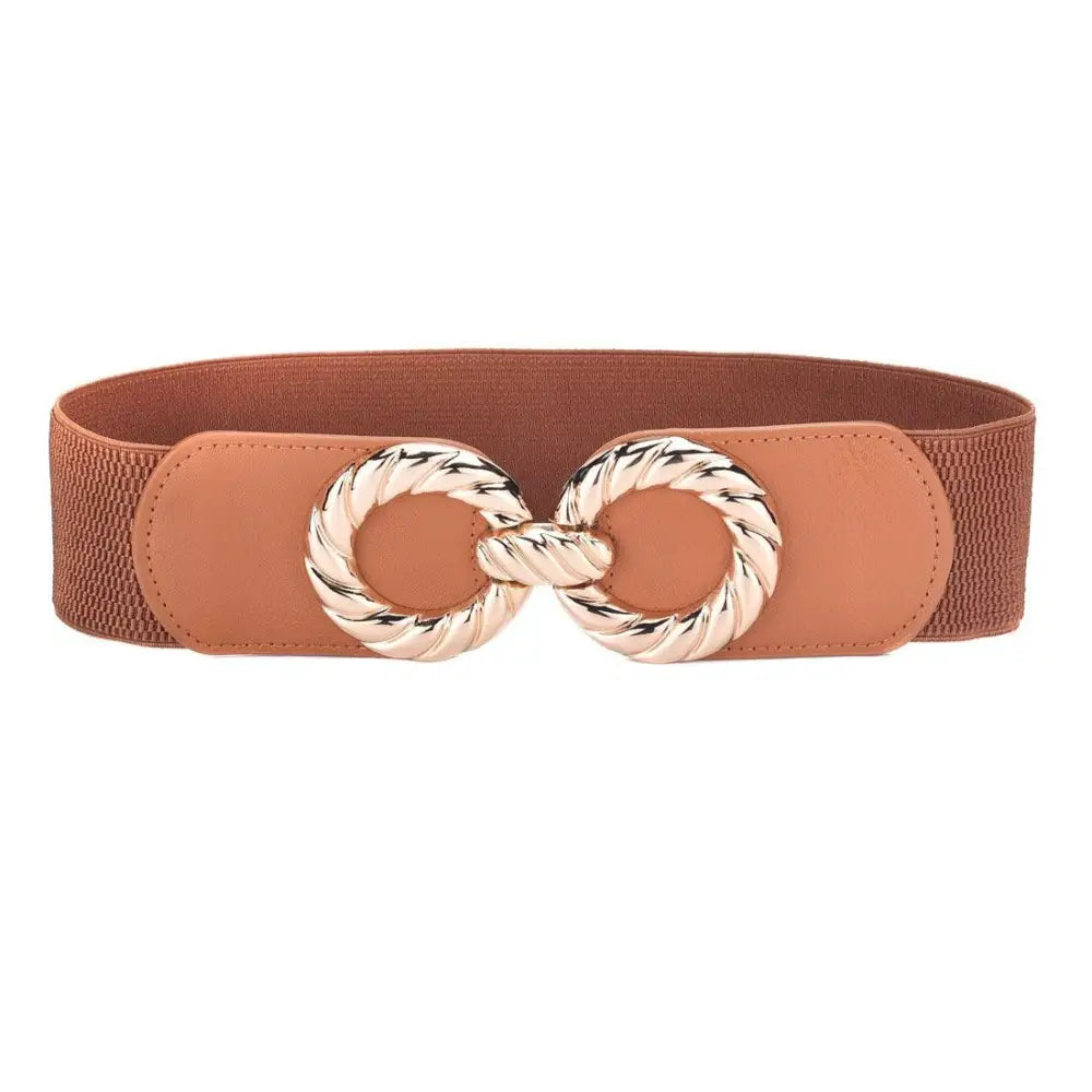 Brown elastic belt with a gold infinity buckle for women fashion accessory