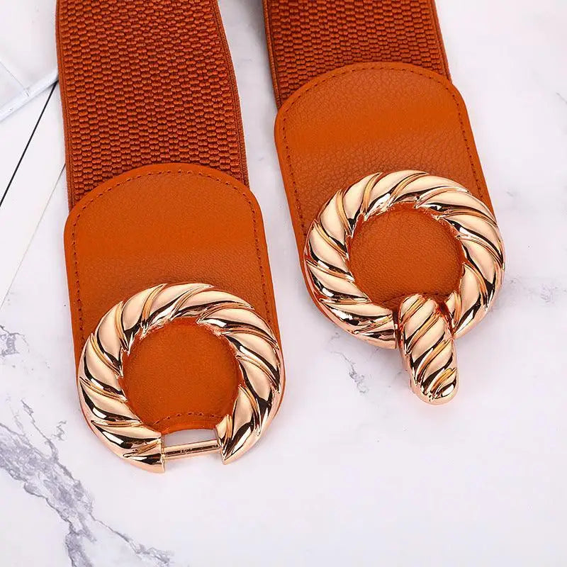 Brown elastic belts with gold twisted-ring buckles for women fashion accessory