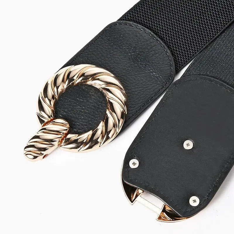 Black elastic belt with a gold double-ring buckle for women’s fashion accessory
