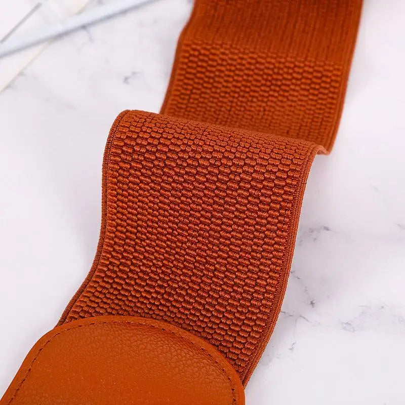 Brown elastic belt with gold double-ring buckle for women fashion accessory