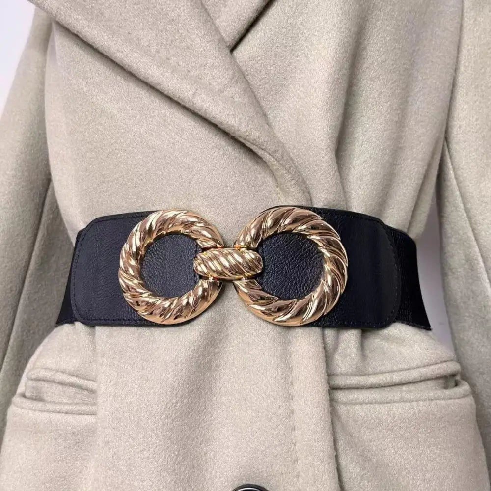 Black elastic belt with gold twisted double-ring buckles for women