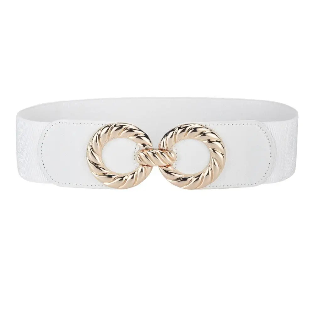 White elastic belt with gold double-ring buckle featuring interlocking circle design