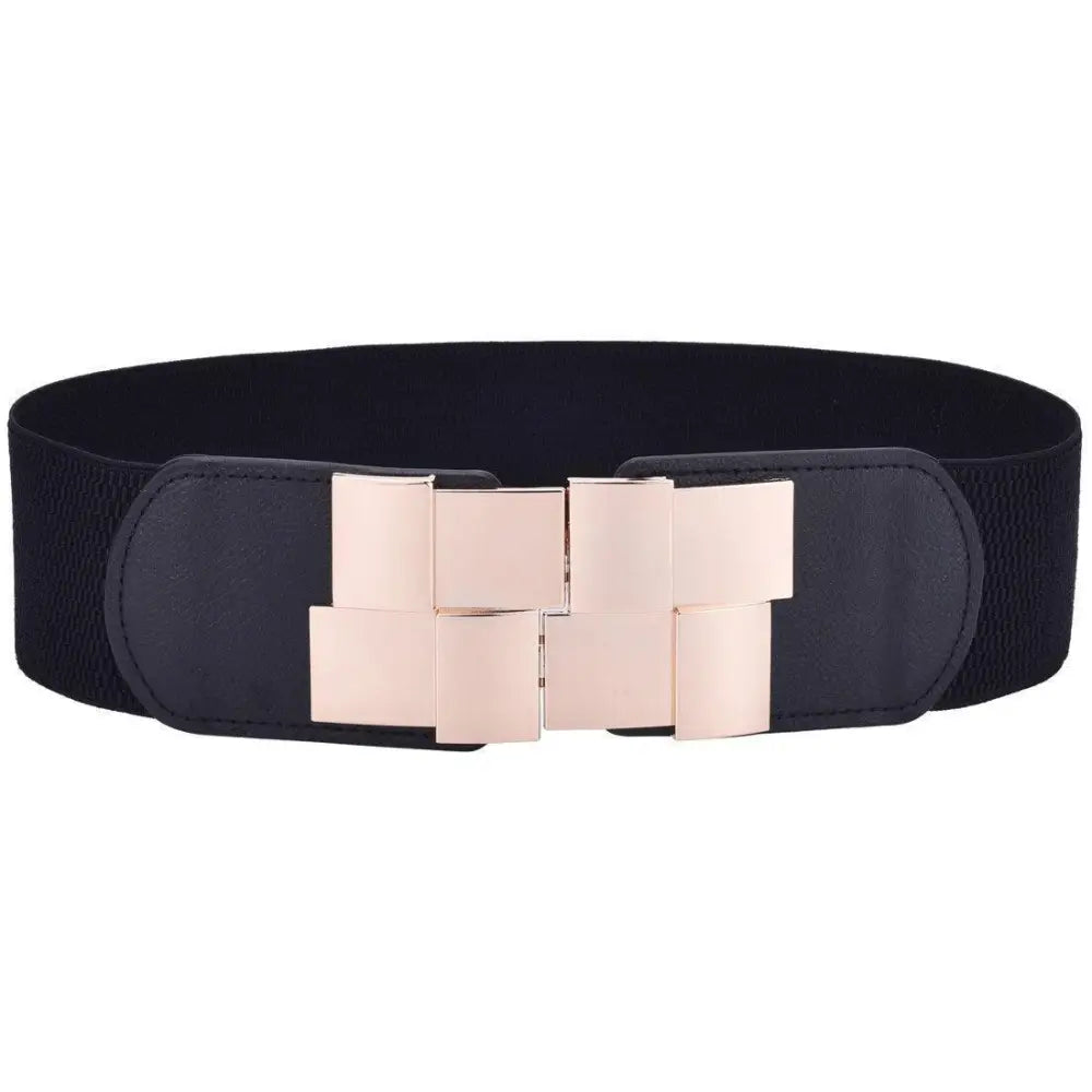 Black elastic belt with gold buckle for Floral Print Dress featuring Helene Belt and metallic accents