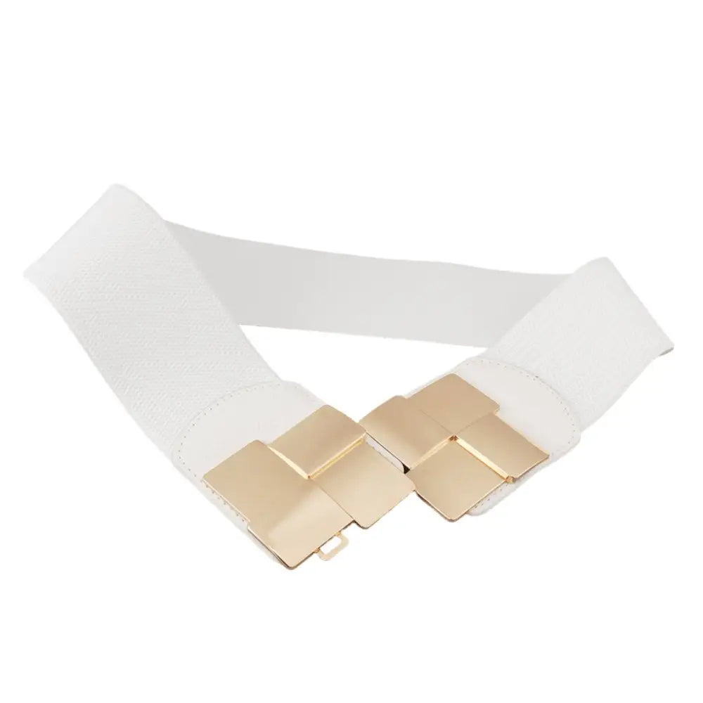 White elastic belt with gold clasp featured in Floral Print Dress with Helene Belt and Metallic Accents