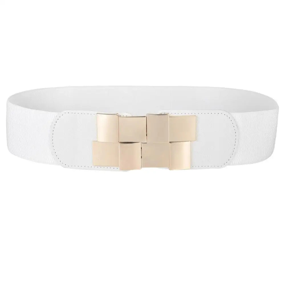 White elastic belt with gold buckle featured as Helene Belt in Floral Print Dress
