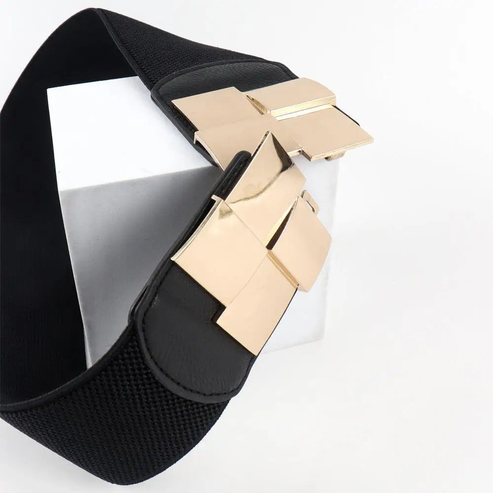 Black elastic belt with gold buckle featured as Helene Belt in Floral Print Dress with Metallic Accents