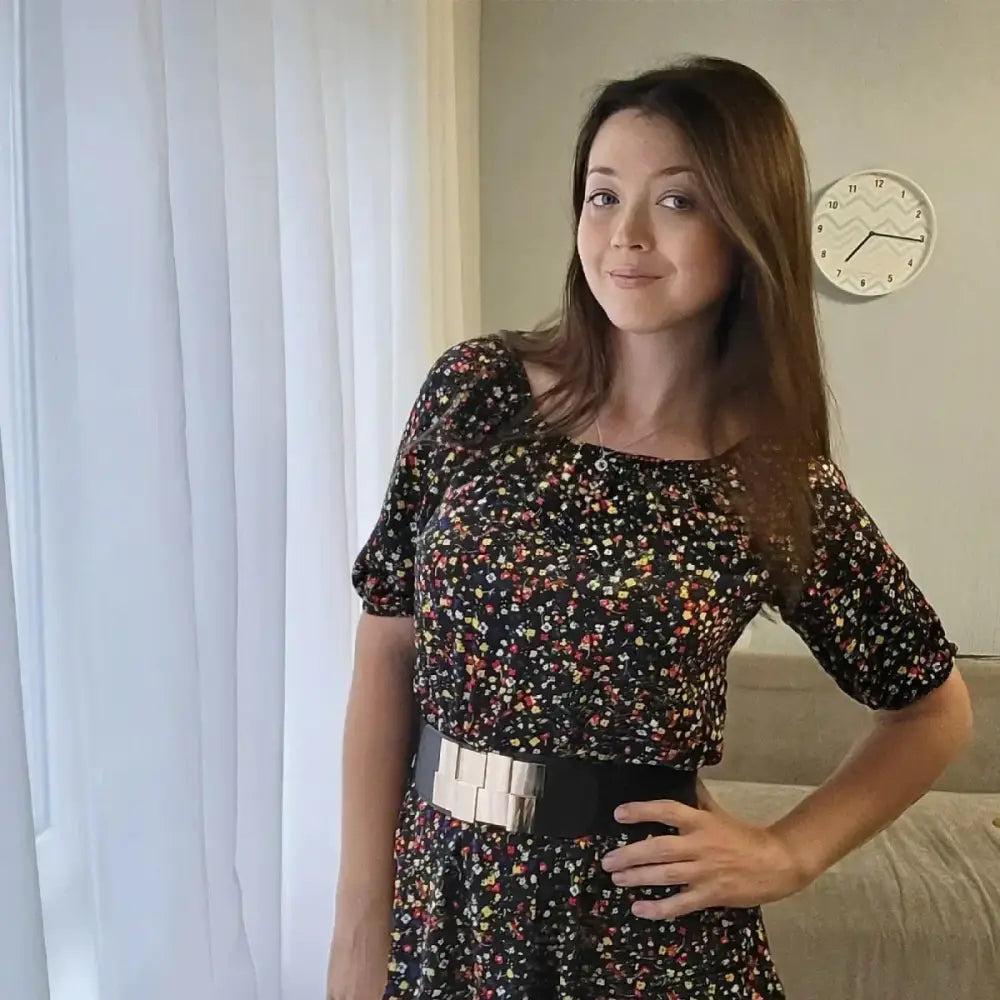 Floral print dress with a Helene belt and metallic accents for elegant style