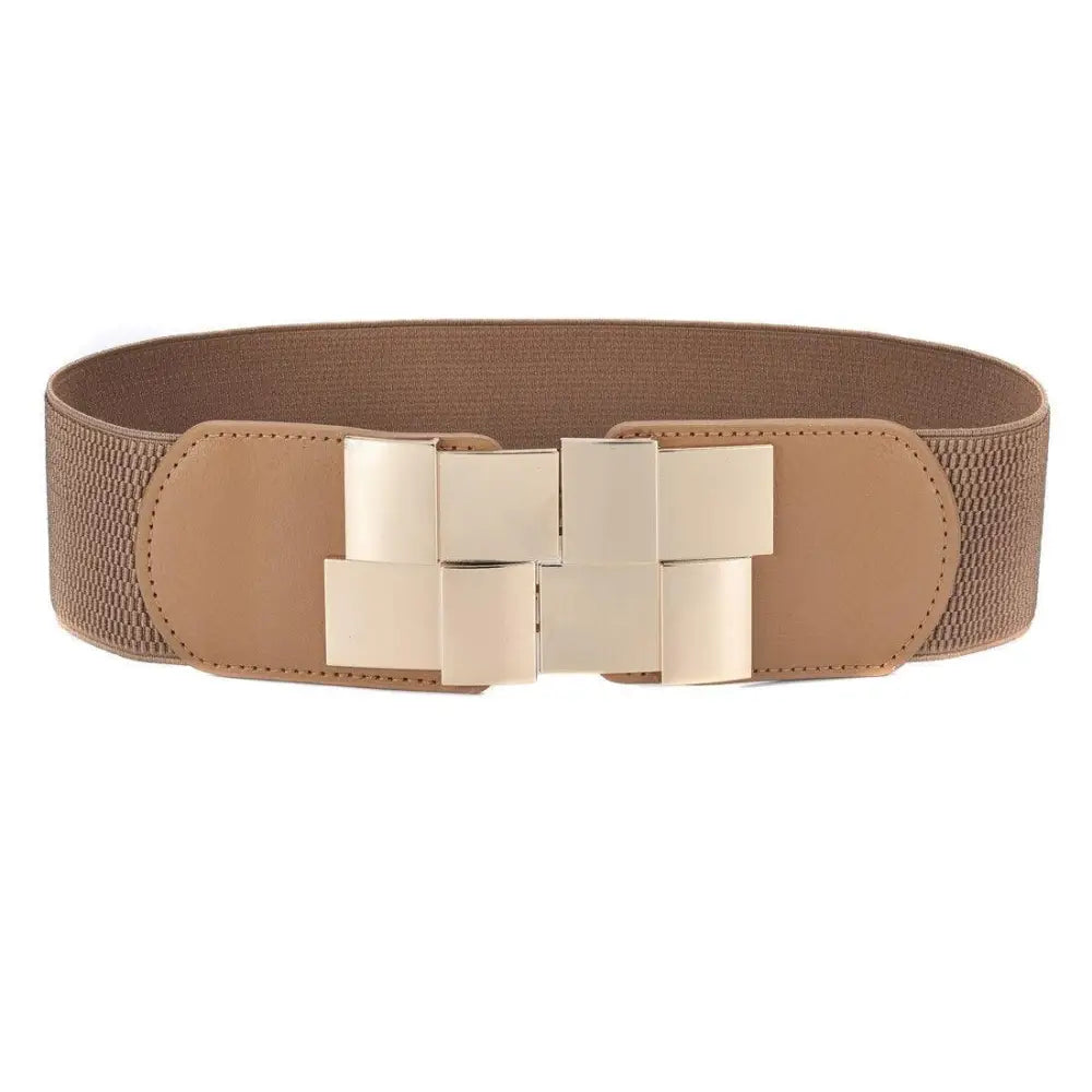 Tan elastic belt with gold woven buckle from the Helene Belt collection for Floral Print Dress