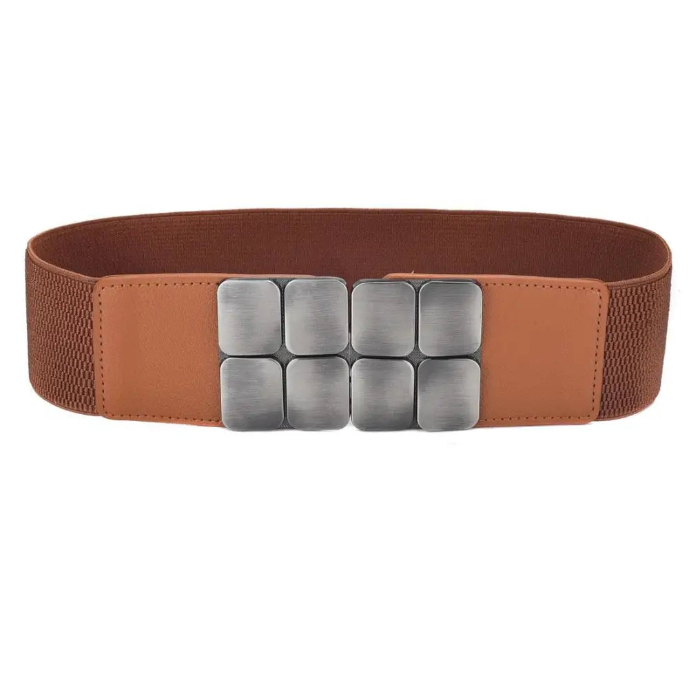 Brown elastic belt with silver square buckle from Lara Belt for Floral Dress and Black Blazer